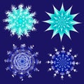 Vector set of four snowflakes. Isolated white-blue and white-turquoise elements on a blue background. Royalty Free Stock Photo